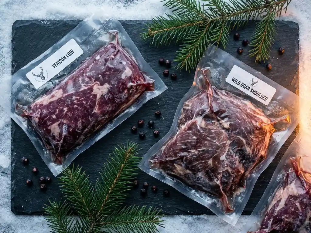 Vakuumverpackte Wildbret-Cuts — Hirschrücken und Wildschweerschulter — auf Schieferplatte mit Wacholderbeeren und Kiefernzweigen.