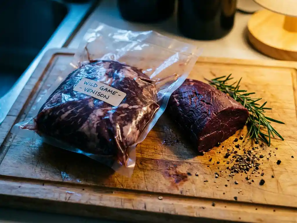 Vakuumverpacktes Wildfleisch auf verwittertem Holzbrett mit frischem Rosmarin und schwarzem Pfeffer, daneben aufgetautes burgunderrotes Fleisch.