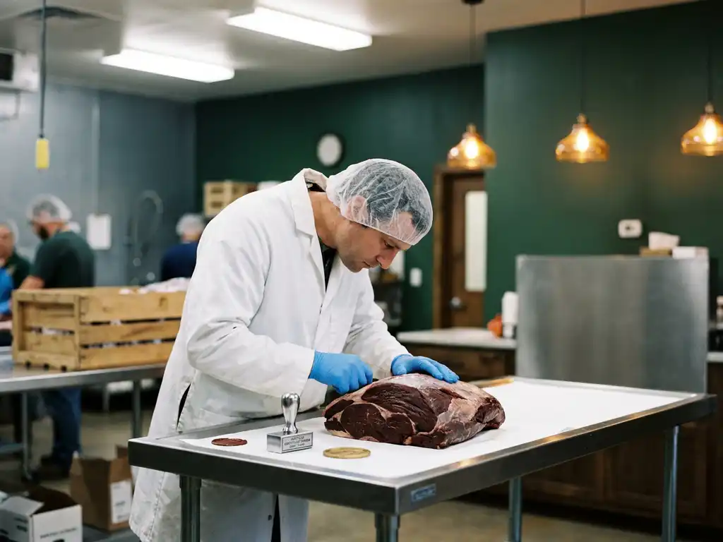 Veterinärinspektor in weißem Kittel und blauen Handschuhen untersucht frisches Wildfleisch auf Edelstahltisch mit amtlichem Prüfstempel.