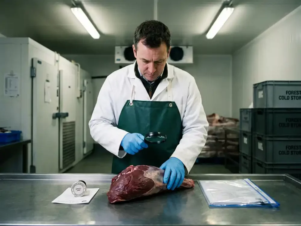 Veterinärinspektorin in weißem Kittel und blauen Handschuhen prüft frisches Wildfleisch auf Edelstahltisch mit Exportdokumentation.