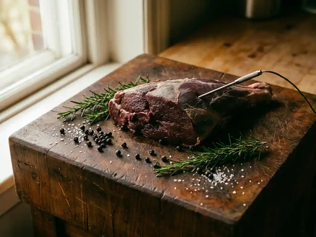 Wildschweinkeule auf Holzblock mit Rosmarinzweigen, Wacholderbeeren und eingestecktem Fleischthermometer.